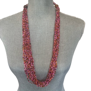 Multicolored/pink multistrand seed bead long necklace